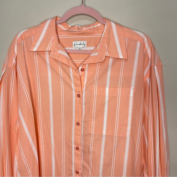 WONDERLY Peach & White Striped Cotton Button Down, Medium - Picture 2 of 6